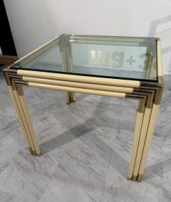 Square Side Table with Brass Lacquered Bamboo Style Frame Glass Top 1970s - 4308370
