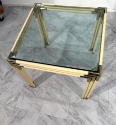 Square Side Table with Brass Lacquered Bamboo Style Frame Glass Top 1970s - 4308372