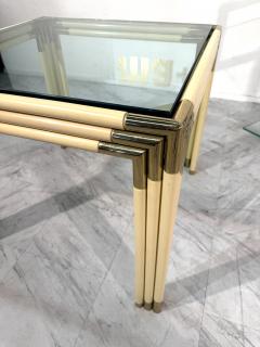 Square Side Table with Brass Lacquered Bamboo Style Frame Glass Top 1970s - 4308373