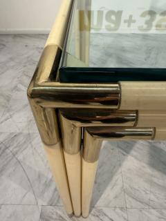 Square Side Table with Brass Lacquered Bamboo Style Frame Glass Top 1970s - 4308374