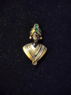 Sterling Silver and Gold Plated Brooch of Moor Wearing Tuban w Green Stones - 3856614