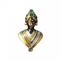 Sterling Silver and Gold Plated Brooch of Moor Wearing Tuban w Green Stones - 3857991