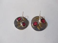 Sterling Silver with Gold Floral Accents with Ruby Settings Disc Earrings - 3870631