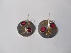 Sterling Silver with Gold Floral Accents with Ruby Settings Disc Earrings - 3870634