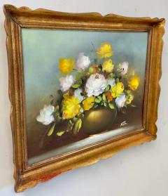 Still Life Oil on Canvas painting of White and Yellow Roses Signed - 3653968