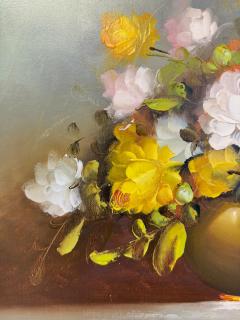 Still Life Oil on Canvas painting of White and Yellow Roses Signed - 3653969