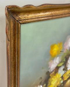 Still Life Oil on Canvas painting of White and Yellow Roses Signed - 3653971