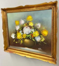 Still Life Oil on Canvas painting of White and Yellow Roses Signed - 3653973