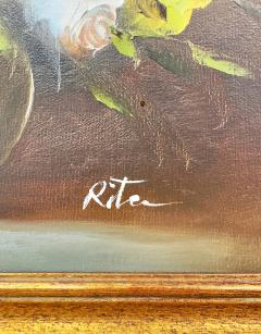 Still Life Oil on Canvas painting of White and Yellow Roses Signed - 3653974