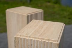 Stone International Pair Vintage Italian Stone International Tall Fluted Travertine Marble Pedestals - 4302376