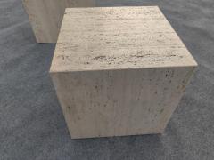 Stone International Pair of Vintage Mid Century Modern Travertine Cube Form Side or End Tables - 4349437