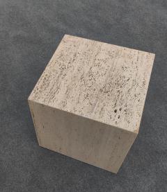 Stone International Pair of Vintage Mid Century Modern Travertine Cube Form Side or End Tables - 4349439