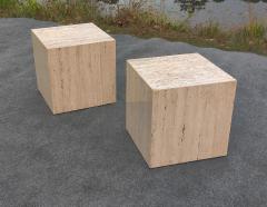 Stone International Pair of Vintage Mid Century Modern Travertine Cube Form Side or End Tables - 4349454