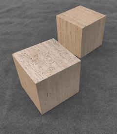Stone International Pair of Vintage Mid Century Modern Travertine Cube Form Side or End Tables - 4349457