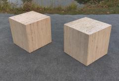 Stone International Pair of Vintage Mid Century Modern Travertine Cube Form Side or End Tables - 4349460