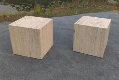 Stone International Pair of Vintage Mid Century Modern Travertine Cube Form Side or End Tables - 4349463