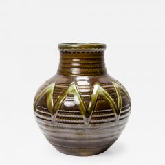 Strehla Keramik East German Mid Century Ribbed Green Zig Zag Pattern Brown Glaze - 4733488