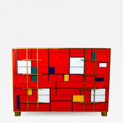 Striking Mid Century Style Brass and Red Multicolored Murano Glass Commode 2020 - 2870460
