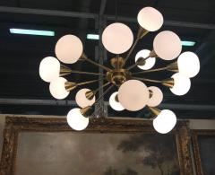 Striking Midcentury Brass and Opaline Murano Glass Large Sputnik Chandelier - 2620204