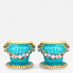 Striking Pair Minton Style Porcelain Continental Majolica Jardinieres Stands - 3890631