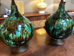 Stunningly Large Pair of American 1960s Olive Green and Teal Drip Glaze Lamps - 1095359