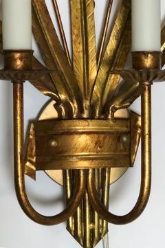 Stylish Pair of Italian 1960s Gilt tole 2 arm Cattail Wall Lights Sconces - 1373458