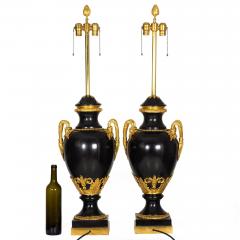 Substantial Pair of French Louis XVI Antique Black Slate Urn Lamps 43 H - 4501821
