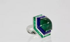 Sugarloaf Bullet Emerald of 29 Carats and Lapis Diamond Ring 18K - 3451387