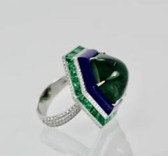 Sugarloaf Bullet Emerald of 29 Carats and Lapis Diamond Ring 18K - 3451523