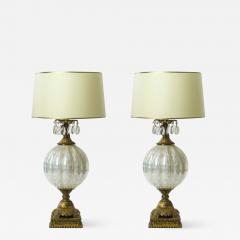 Superb mother of pearl glass pair of gold and crystal lamp - 873189