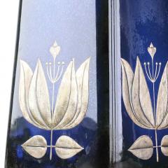 Sven Jonson Pair of Table Lamps in Blue Glaze With Silver Inlay Floral Motifs by Sven Jonson - 3551208