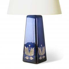 Sven Jonson Pair of Table Lamps in Blue Glaze With Silver Inlay Floral Motifs by Sven Jonson - 3551209