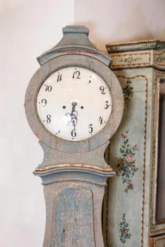 Swedish 1790s Long Case Mora Clock with Blue Gray Paint and Carved Crest - 3606018