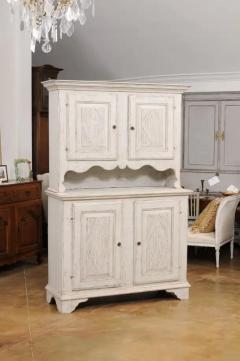 Swedish 1800s Gustavian Painted Two Part Cabinet with Carved Diamond Motifs - 3521484