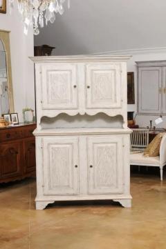 Swedish 1800s Gustavian Painted Two Part Cabinet with Carved Diamond Motifs - 3521488
