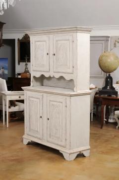 Swedish 1800s Gustavian Painted Two Part Cabinet with Carved Diamond Motifs - 3521714