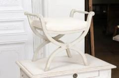 Swedish 1830s Empire Style Painted and Upholstered Stool with Spindle Arms - 3441664