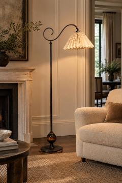 Swedish Art Deco Floor Lamp Patinated Brass Wood Fabric Sweden 1920s - 4816347