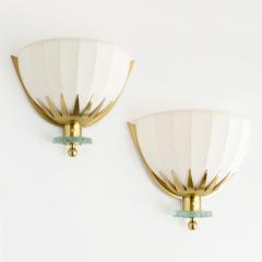 Swedish Art Deco Scandinavian Modern brass and glass sconces with fabric shades - 1777608