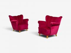Swedish Cabinetmaker Lounge Chairs Red Velvet Lacquered Wood Sweden 1940s - 4750348