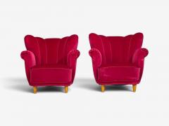 Swedish Cabinetmaker Lounge Chairs Red Velvet Lacquered Wood Sweden 1940s - 4750349