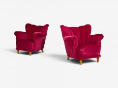 Swedish Cabinetmaker Lounge Chairs Red Velvet Lacquered Wood Sweden 1940s - 4750350