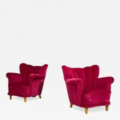 Swedish Cabinetmaker Lounge Chairs Red Velvet Lacquered Wood Sweden 1940s - 4751519