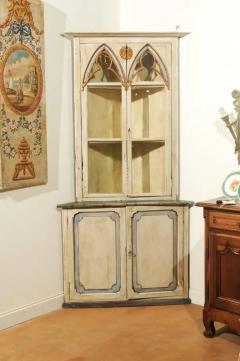 Swedish Gothic Revival Painted Wood Corner Cabinet with Glass Doors circa 1830 - 3416867