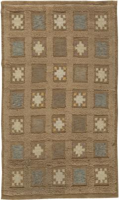 Swedish Handmade Wool Pile Rug in Dark Beige Blue and Yellow - 2441806