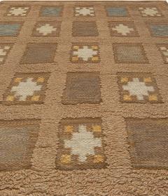 Swedish Handmade Wool Pile Rug in Dark Beige Blue and Yellow - 2441807