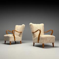 Swedish Mid Century Modern Lounge Chairs Beige Sheepskin Oak Sweden 1940s - 3952730