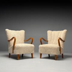 Swedish Mid Century Modern Lounge Chairs Beige Sheepskin Oak Sweden 1940s - 3952732