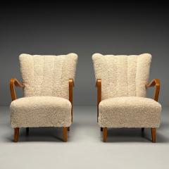 Swedish Mid Century Modern Lounge Chairs Beige Sheepskin Oak Sweden 1940s - 3952733