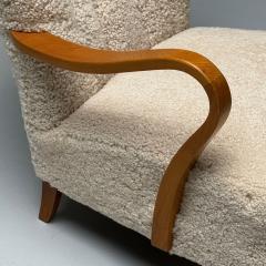 Swedish Mid Century Modern Lounge Chairs Beige Sheepskin Oak Sweden 1940s - 3952736